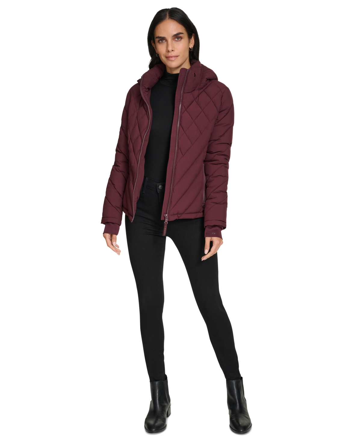 Calvin Klein Womens Side-panel Hooded Packable Puffer Coat, Created For Macys In Bordeaux