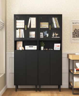 Tall Storage Show Cabinet with 2 Glass Display Door & 2 Doors, Tall Kitchen Pantry Cabinet with Gold Handles, Modern Cabinet Freestanding for Bathroom, Dining Living Room, Black