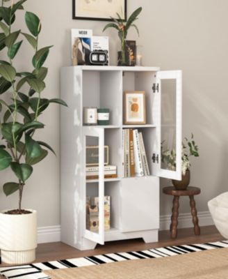 Wooden Floor Cabinet with 2 Glass Doors and 2 Storage Space, White, Living Room Bathroom Entryway White