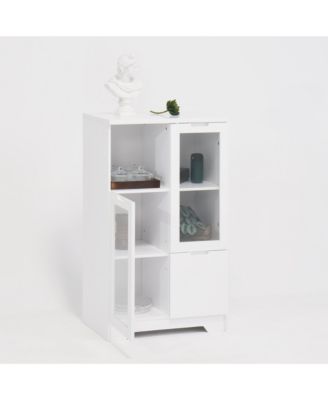 Wooden Floor Cabinet with 2 Glass Doors and 2 Storage Space, White, Living Room Bathroom Entryway White