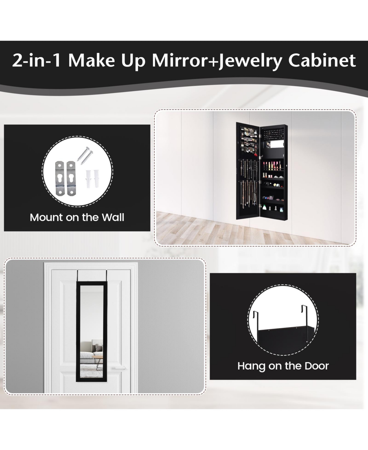 Sugift Lockable Wall Door Mounted Mirror Jewelry Cabinet with Led Lights