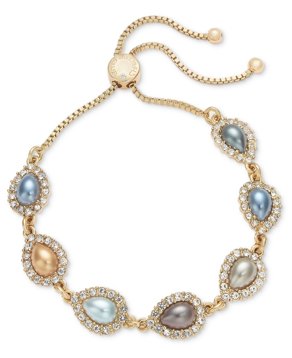 Gold-Tone Pave & Color Imitation Pearl Slider Bracelet, Created for Macy's - Blue