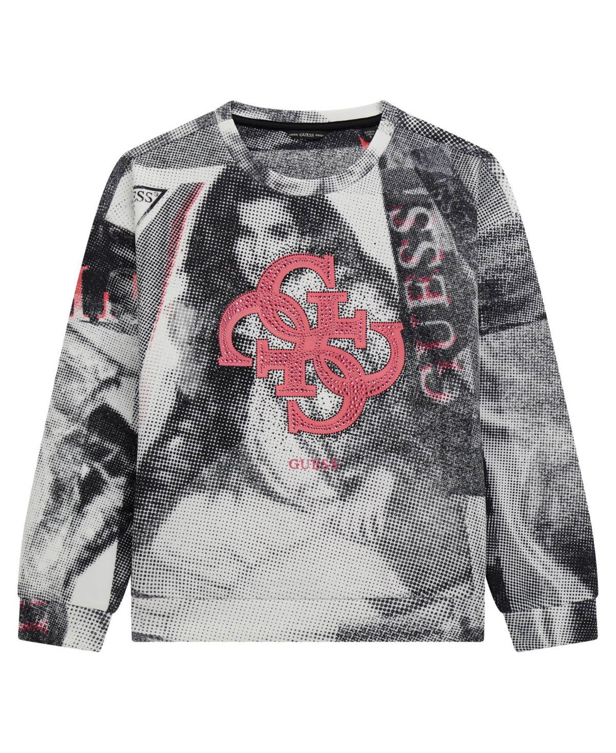 Guess Big Girls Newspaper Collage Scuba Long Sleeve Sweatshirt In Black