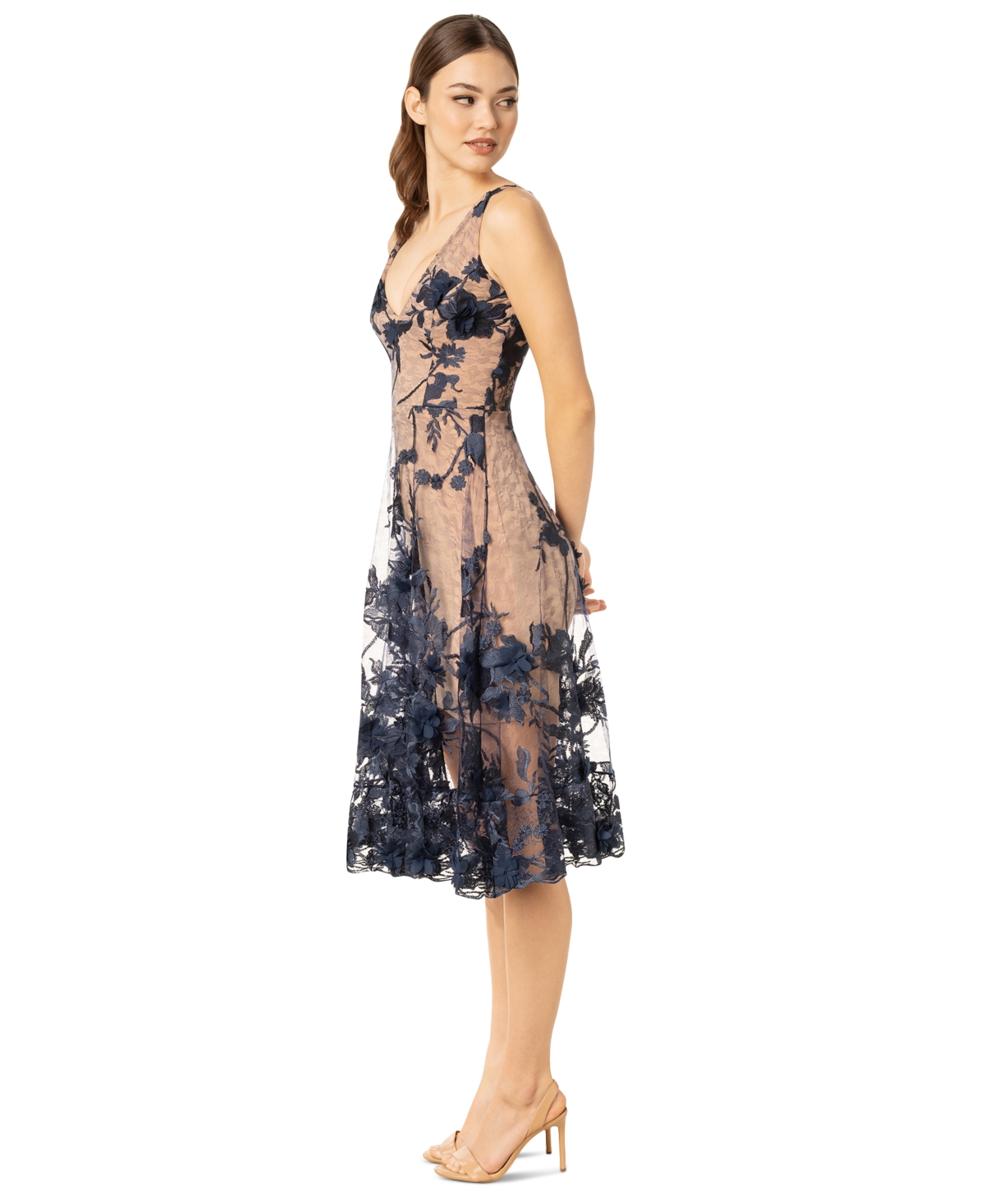 Shop Dress The Population Audrey Floral Applique Lace Dress In Navy,nude