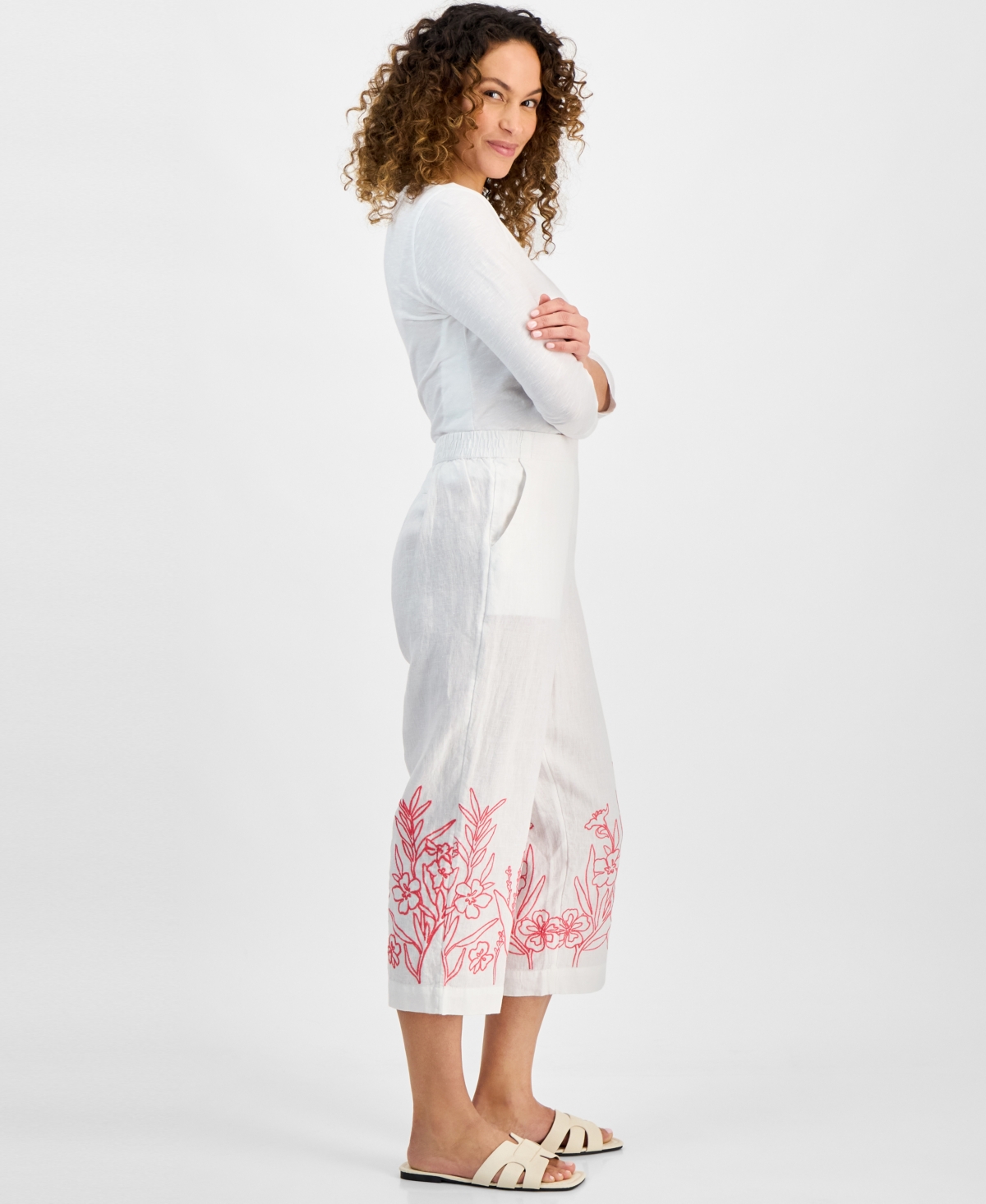 Charter Club Petite 100% Linen Embroidery Crop Pants, Exclusively At Macy's In Cmb Bright