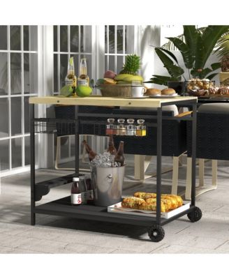 Outdoor Bar Cart, Patio Rolling Serving Cart with Wheels, Side Handle, 2 Baskets, 4 Wine Holders for Garden, Dining Room, Natural