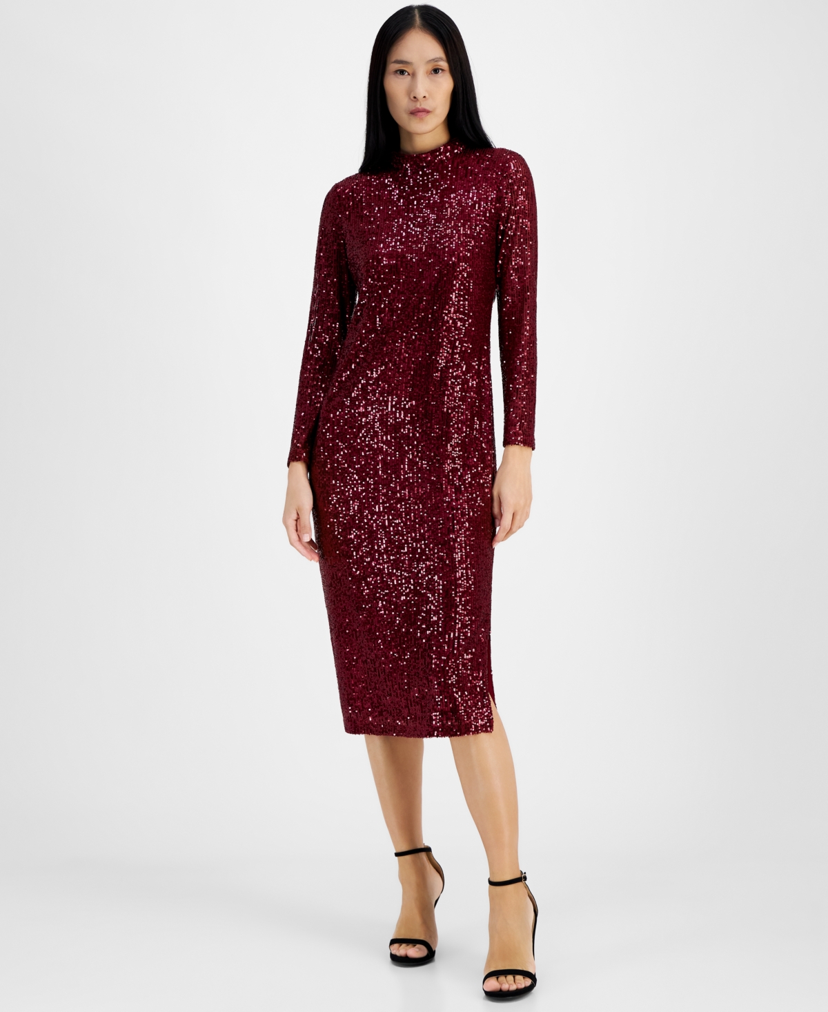 Shop Anne Klein Women's Mock-neck Sequin Midi Dress In Red