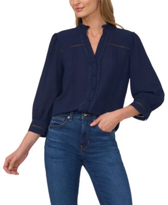 Women's Lace Trimmed Pintuck 3/4-Sleeve Button Front Blouse