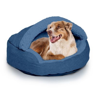 Pet Cave Bed, Calming Hooded Dog Bed with Pouch for Small Dogs and Cats, Herringbone Canvas Fleece Deep Dish