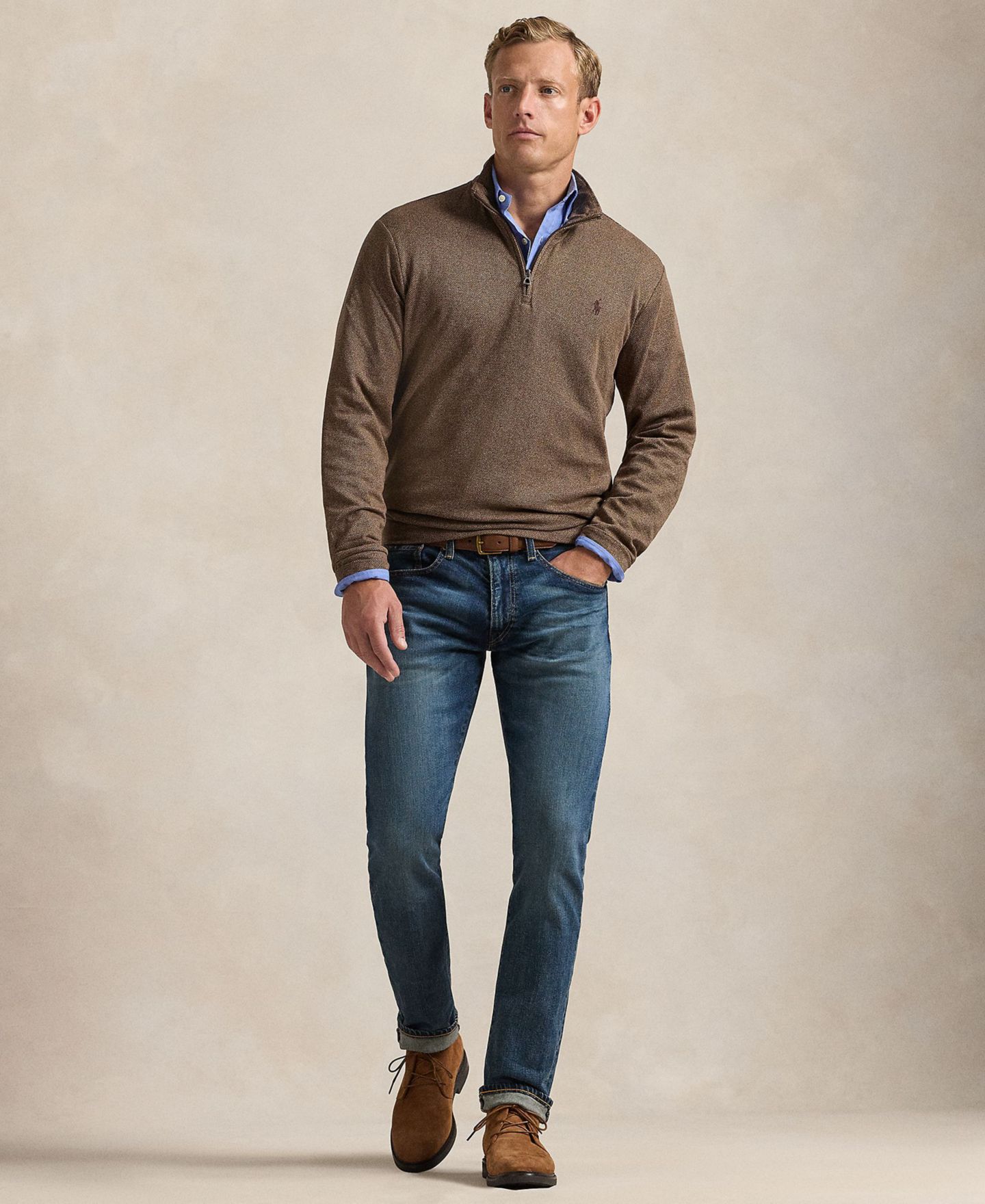 Мужские ботинки Polo Ralph Lauren Herringbone Pullover, Checked Poplin Shirt, Slim Straight Jeans & Chukka, цвет: Синий — фото 1