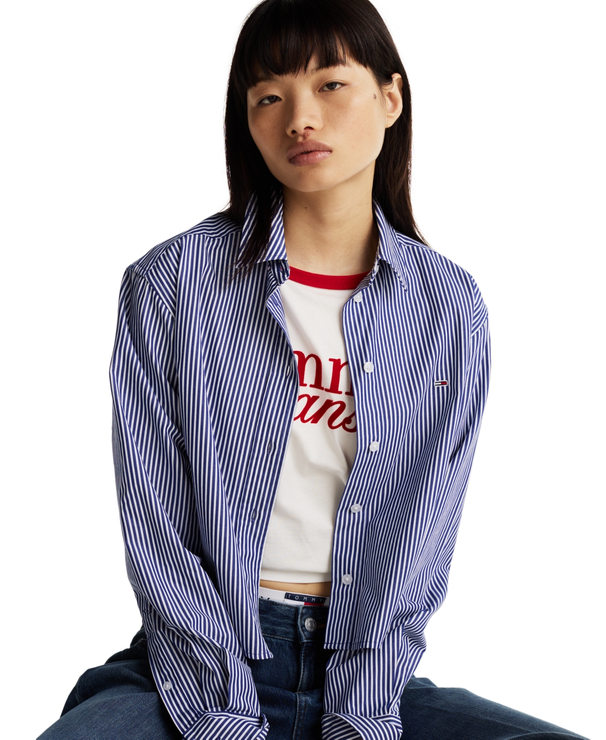 Tommy Jeans Women's Cropped Relaxed Poplin Shirt -WHITE STRIPE