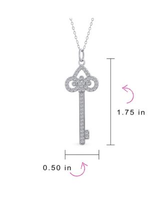 Pave Cubic Zirconia CZ Fleur De Lis Key Shape Pendant Necklace .925 Sterling Silver