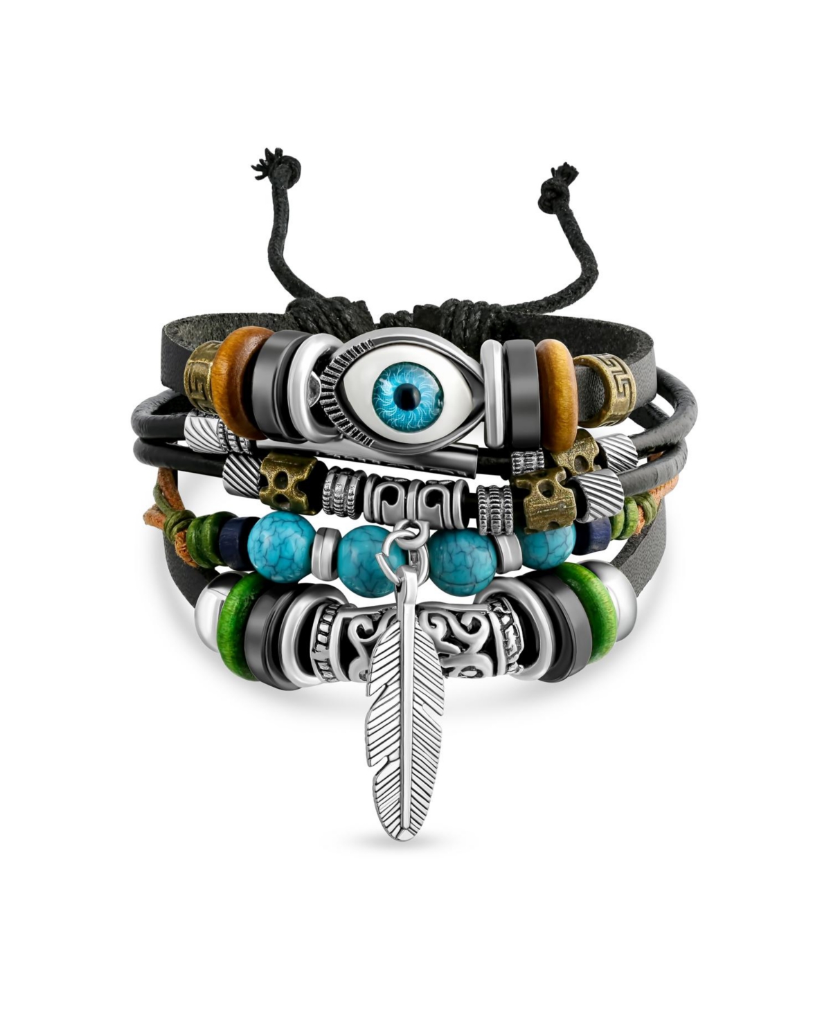 Retro Boho Evil Eye Leather Rope Wrap Multi Layer Charm Bracelet Adjustable - Brown