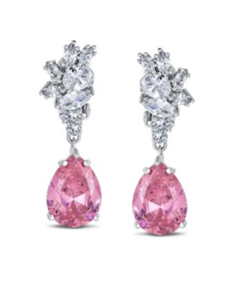Cubic Zirconia CZ Statement Dangle Leaf Teardrop Formal Chandelier Clip On Earrings Silver Plated