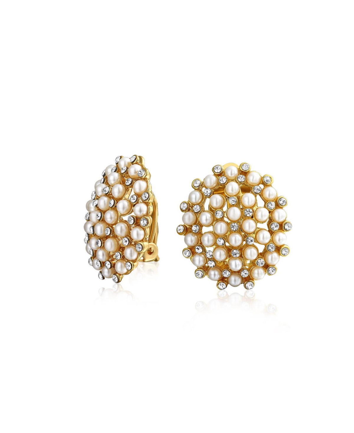 Art Deco Geometric Round White Pearl Clip-On Earrings 14K Gold Plated Fashion - Gold