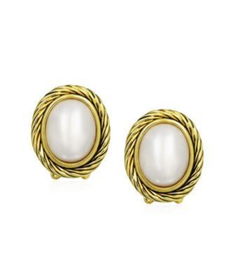 White Simulated Mabe Pearls Clip-On Earrings with Twist Rope Cable Design