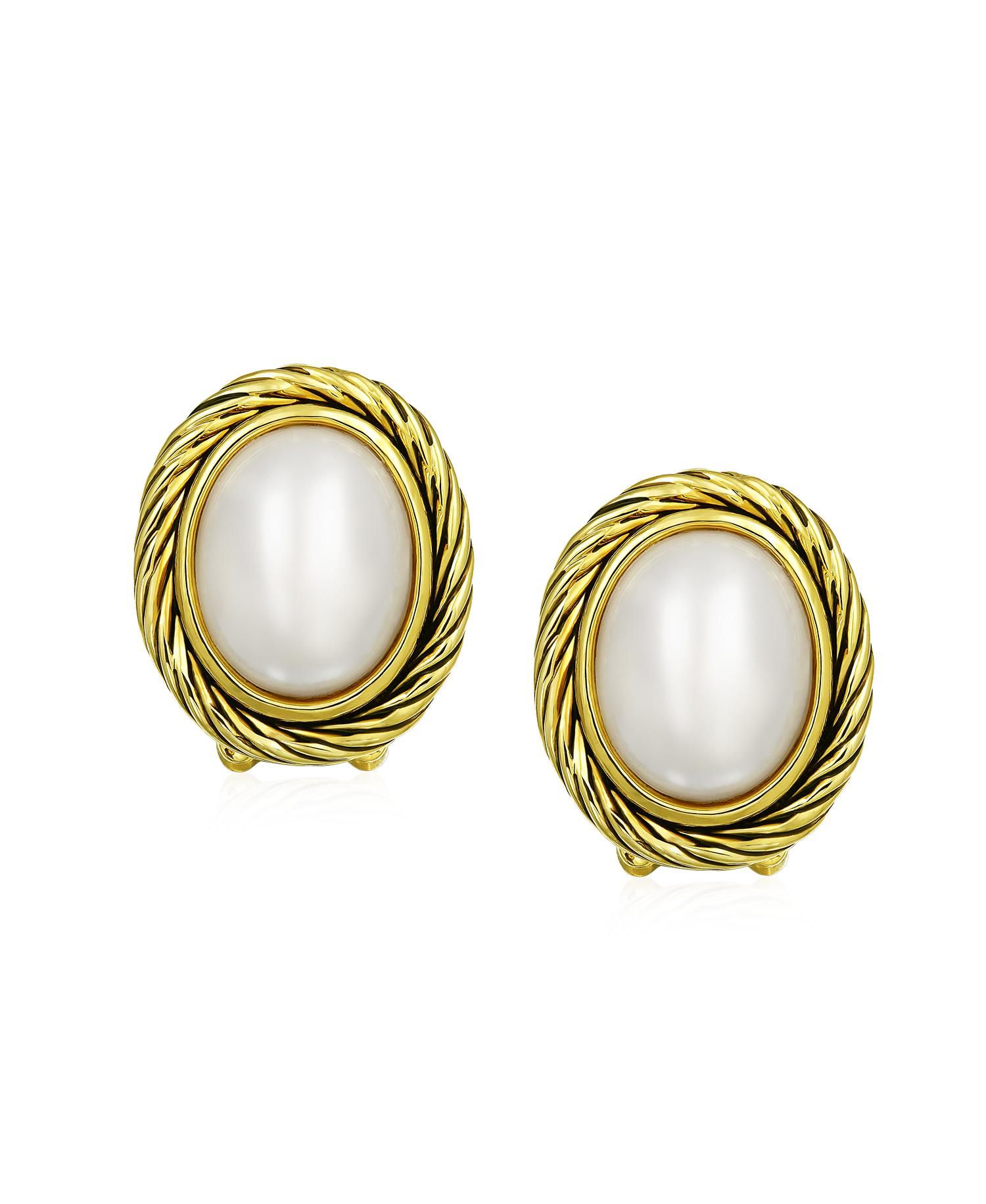 Chic White Faux Pearl Twist Rope Setting Oval Clip-On Earrings Gold Plated
