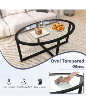 Modern Glass Coffee Table w/ Cross Base & Acacia Wood Legs for Small Spaces