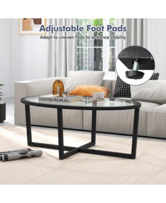 Modern Glass Coffee Table w/ Cross Base & Acacia Wood Legs for Small Spaces