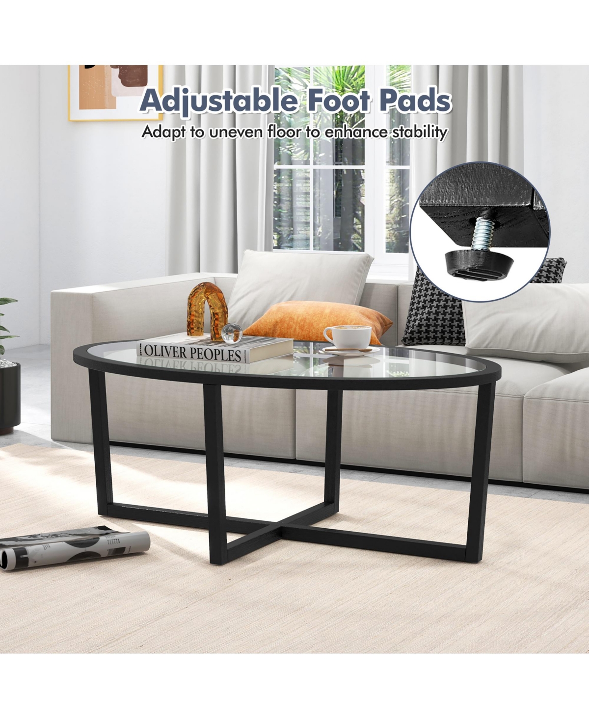 Gymax Modern Glass Coffee Table w/ Cross Base & Acacia Wood Legs for Spaces