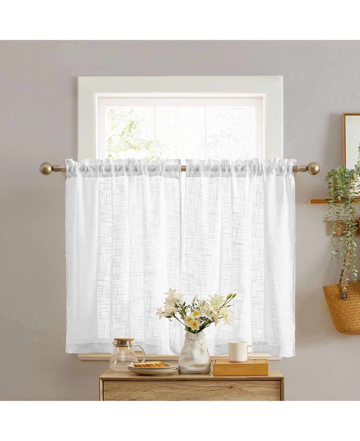 Hlc.me Linda Faux Linen Textured Semi Sheer Privacy Light Filtering Transparent Rod Pocket Short Thick Cafe Curtain Tiers for Small Windows, Kitchen &
