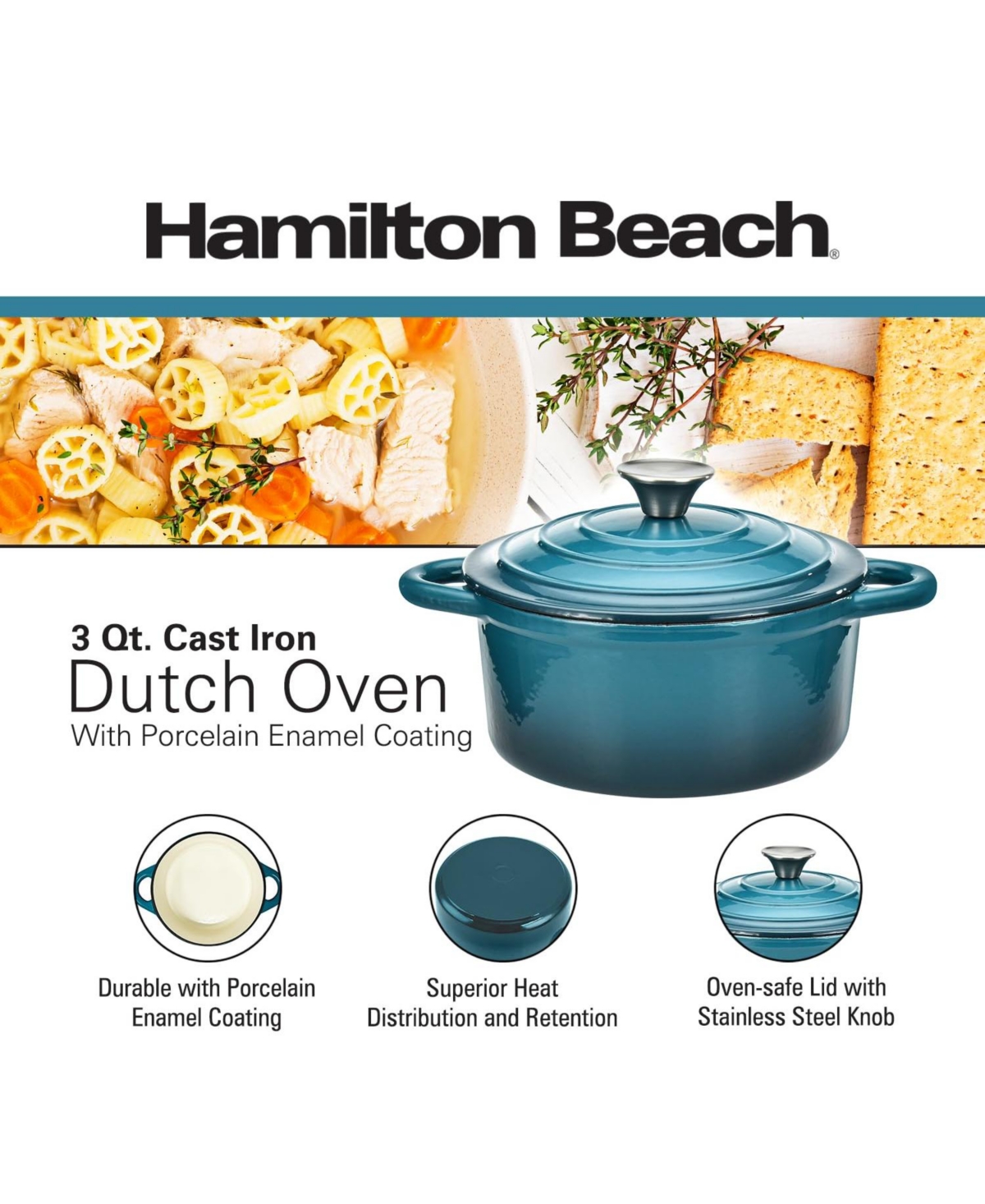 Hamilton Beach Enameled Cast Iron Dutch Oven Gray (3-Quart) | Cream Enamel Coating Dutch Oven Pot with Lid | Cast Iron Dutch Oven with Even Heat Distr