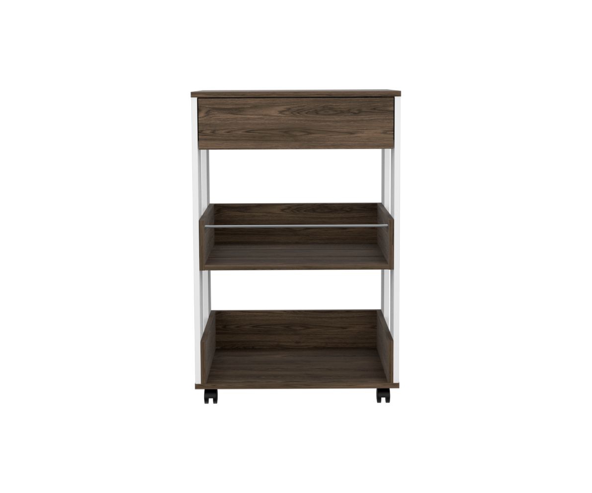Depot E-Shop Pillar Kitchen Cart, Four Casters, Three Shelves, White / Dark Walnut - Multi-color