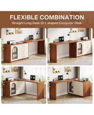 L Shaped Computer Desk with Drawers, Modern Corner Home Office Desk with Reversible Storage Cabinet, Long Study Writing Desk Workstation