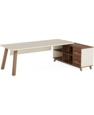 71-Inch Engineered Wood and Metal Large Office Desk with Storage Shelves, Executive L-Shaped Desk