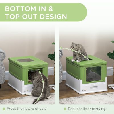 Fully Enclosed Cat Litter Box with Scoop, Hooded Cat Litter House with Drawer Type Tray, Foldable Smell Proof Cat Potty with Front Entry, Top Exit, Large Space, Yellowish Green