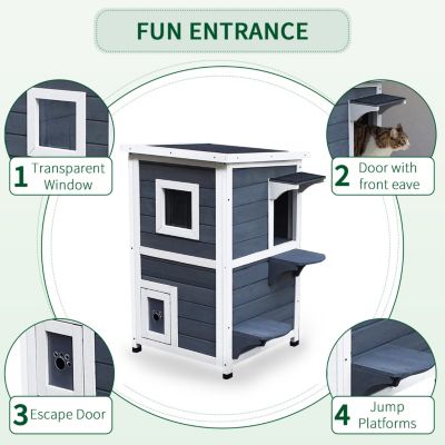 Outdoor Cat House with Escape Door, Weatherproof 2-Story Wooden Feral Cat Shelter with Opening Asphalt Roof, Dark Gray