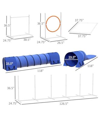 7 Piece Dog Agility Training Equipment, Dog Obstacle Course Starter Kit with Tunnels, Weave Poles, Adjustable Hurdles, Jumping Ring, Pause Box, Whistle, Blue