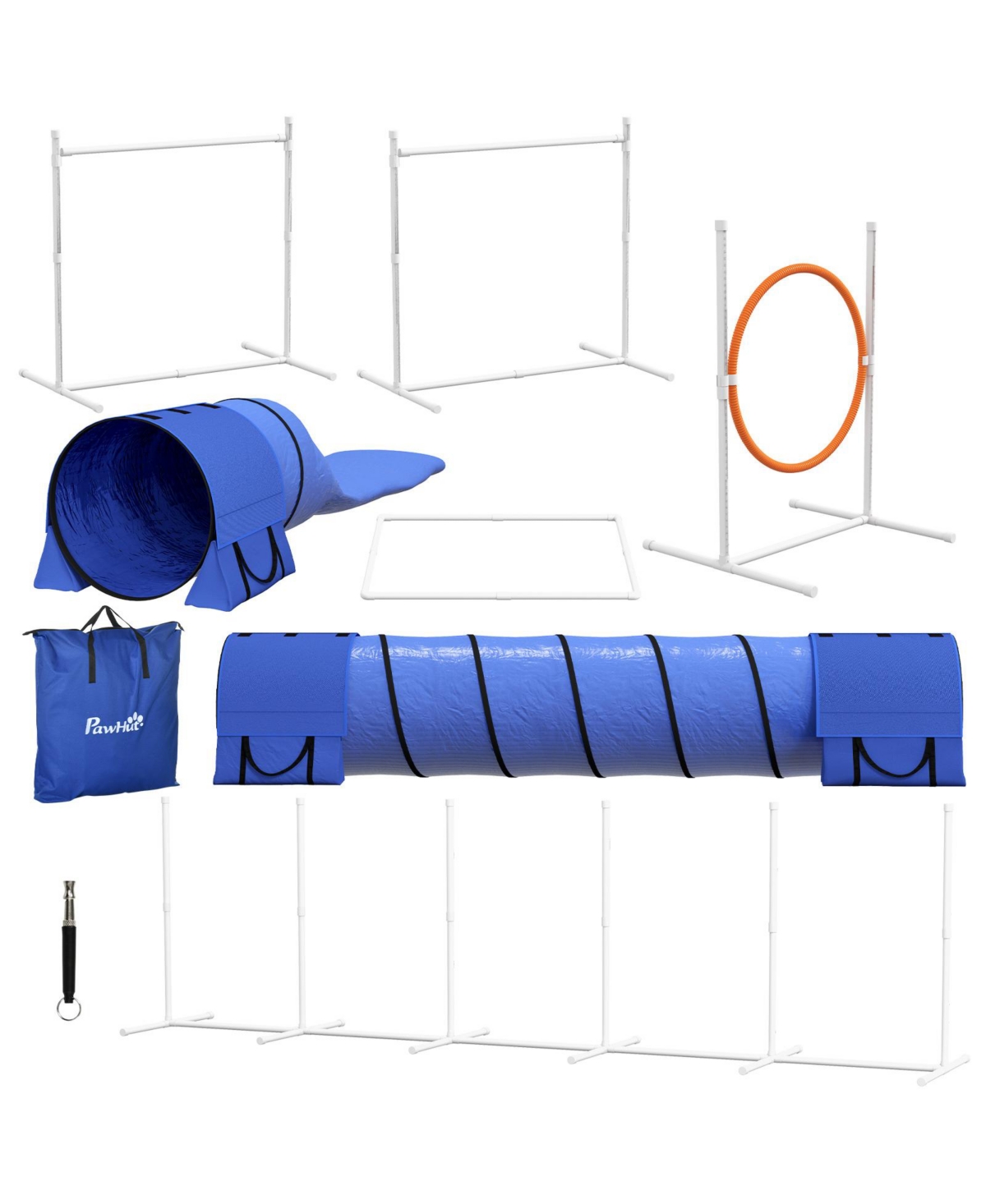 7 Piece Dog Agility Training Equipment, Dog Obstacle Course Starter Kit with Tunnels, Weave Poles, Adjustable Hurdles, Jumping Ri