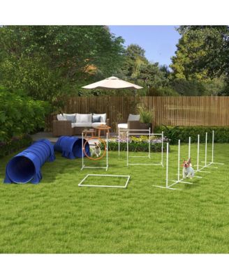 7 Piece Dog Agility Training Equipment, Dog Obstacle Course Starter Kit with Tunnels, Weave Poles, Adjustable Hurdles, Jumping Ring, Pause Box, Whistle, Blue
