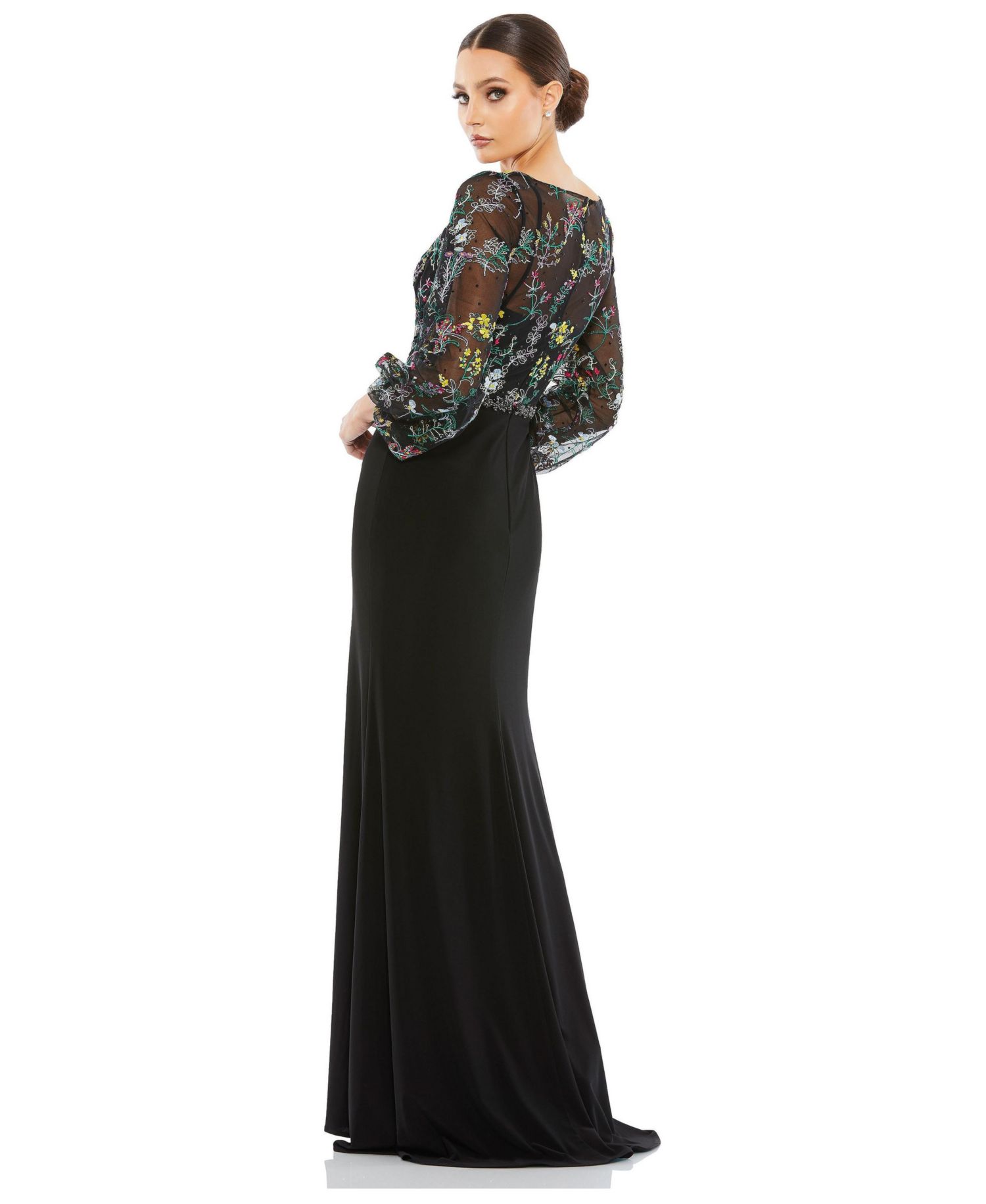 Women's Embroidered Illusion Puff Sleeve Column Gown