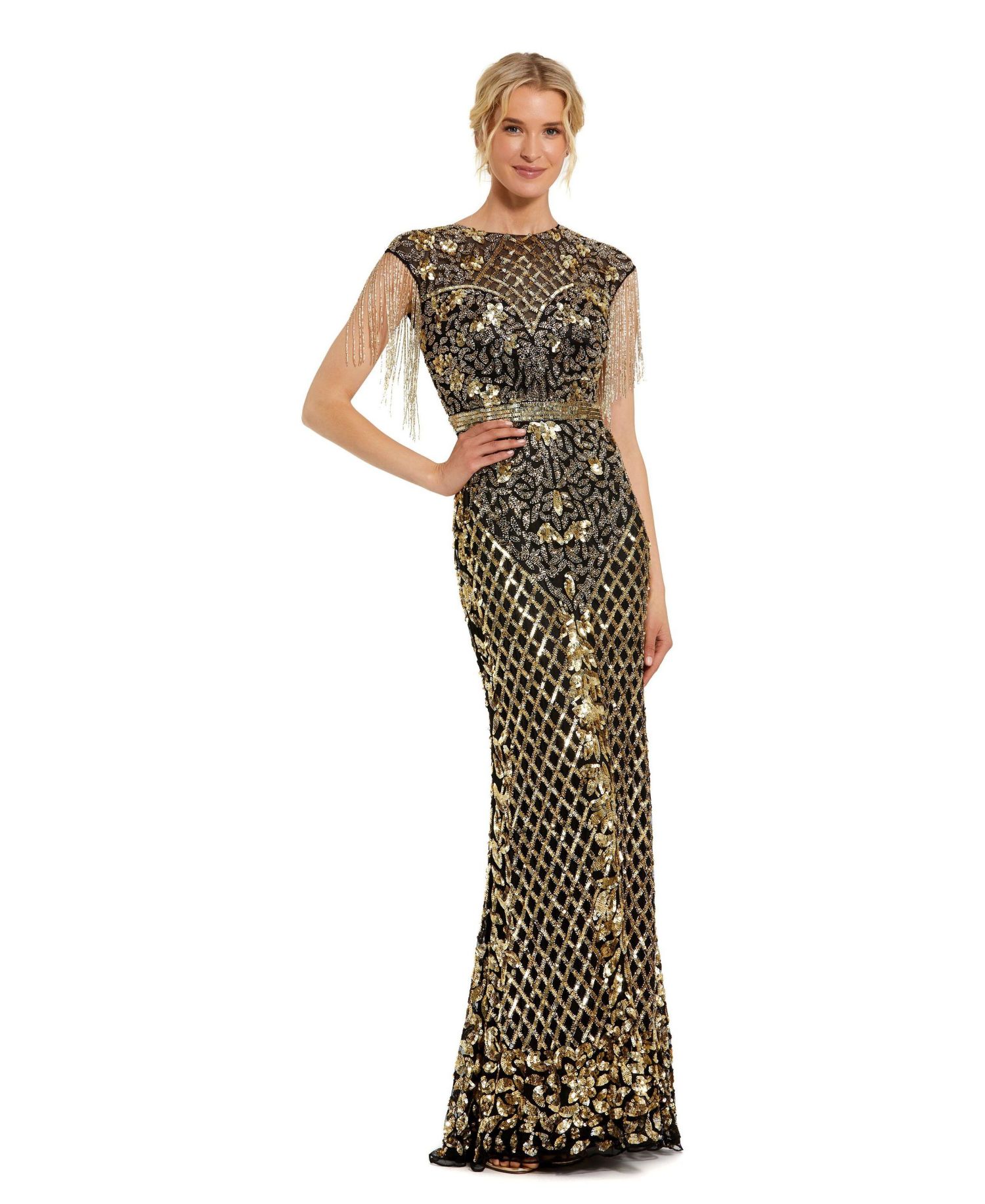 Women's High Neck Sleeveless Beaded Fringe Fitted Gown