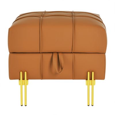Streamdale Orange Leather Storage Ottoman with Golden Legs