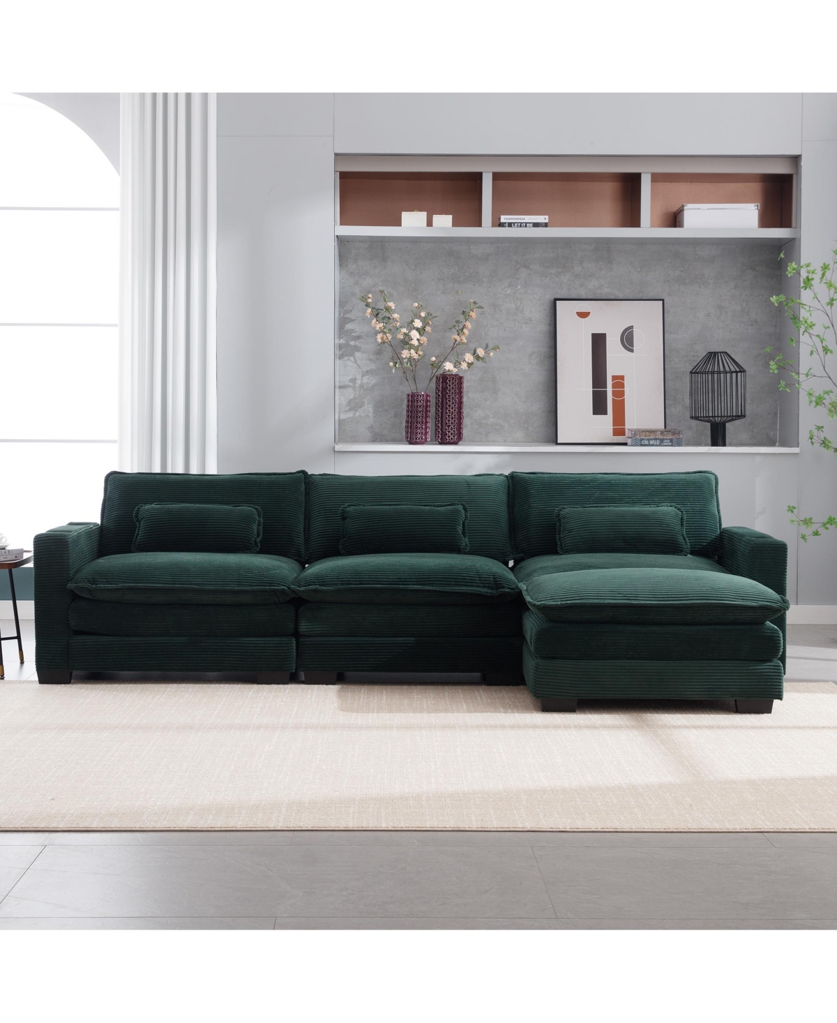 Streamdale Furniture L Shape Sofa Couch with Usb & Cup Holders, Corduroy Stripe Fabric 3 Seater Sofa with Ottoman,- Green