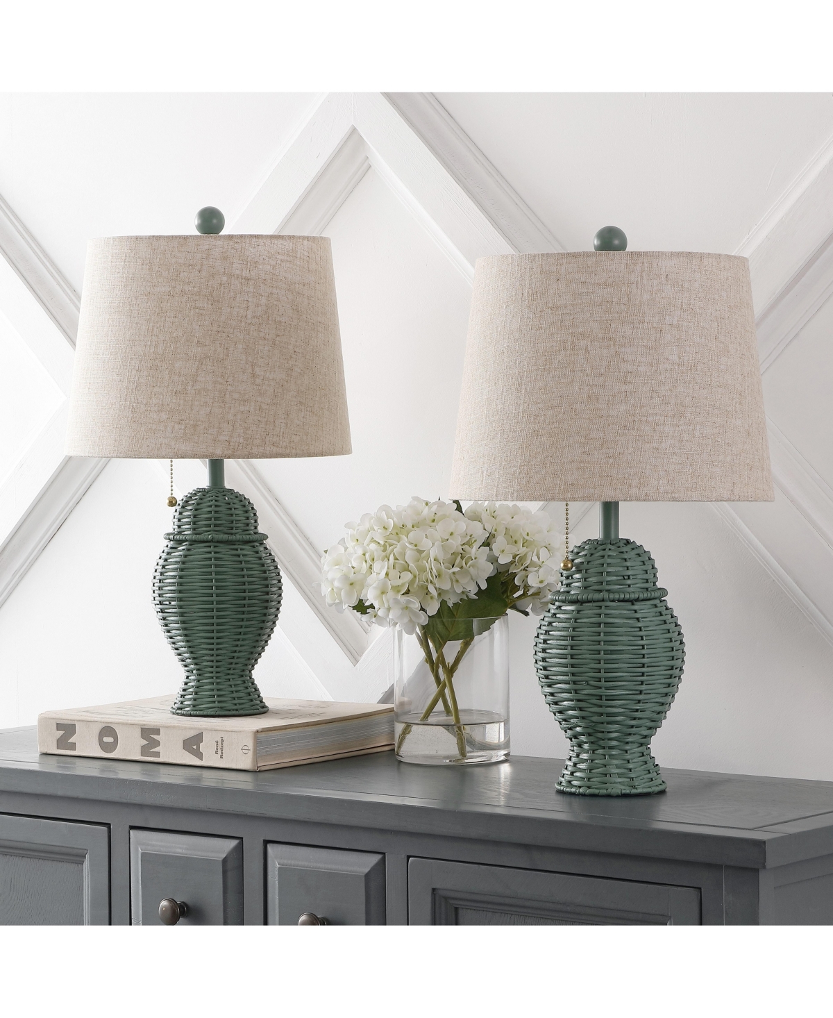 Jonathan Y Margie Wicker 20.5" Bohemian Rustic Iron Led Table Lamp, Green (Set of 2)