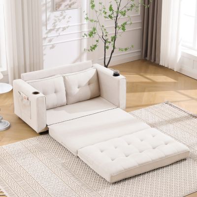 3-in-1 Upholstered Sofa Bed with Mattress, Pull Out Sleeper, Beige