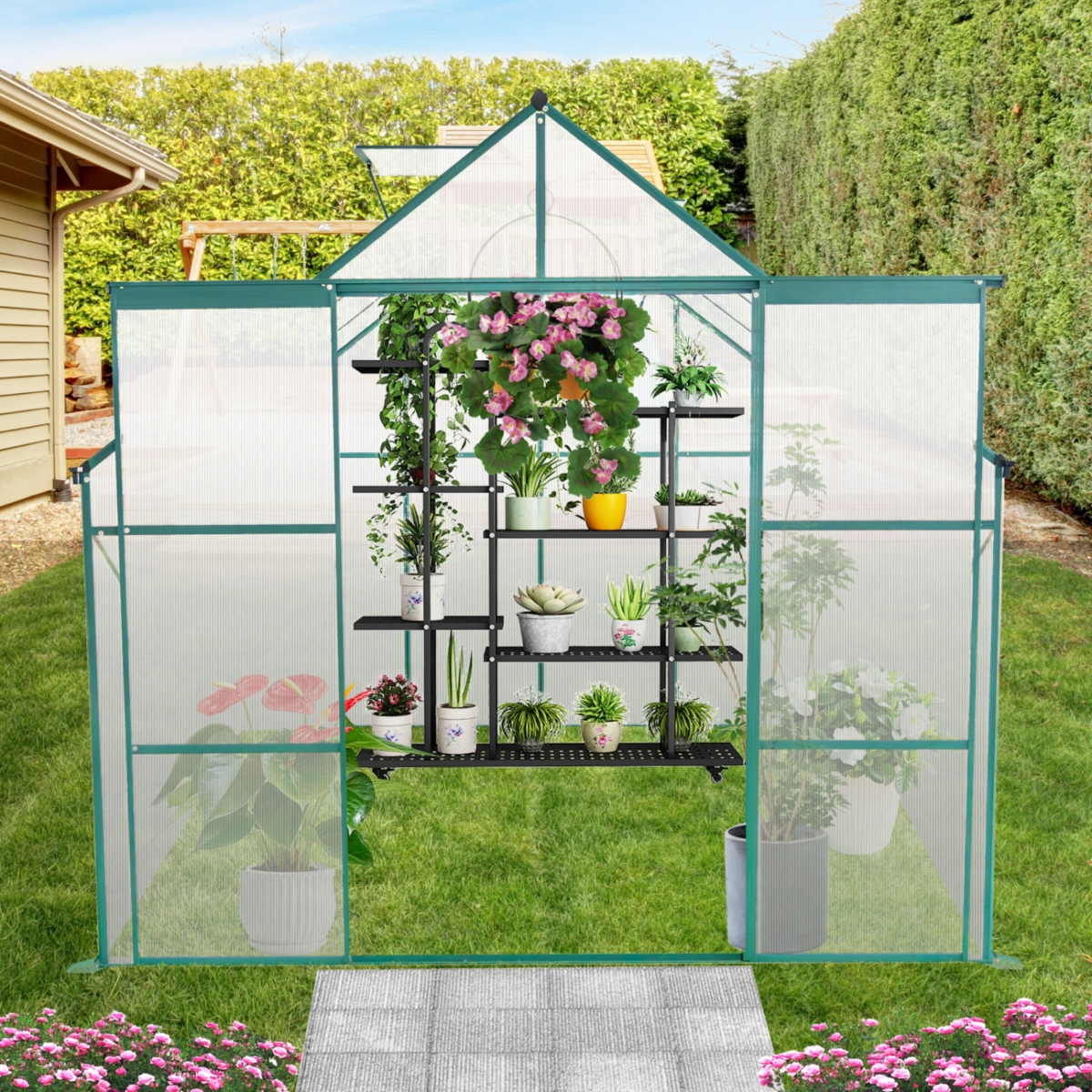 8X6FT-Green Double Door Polycarbonate Greenhouse Raised Base and Anchor Aluminum Heavy Duty Walk-in Greenhouses for Outdoor Backyard in All Season