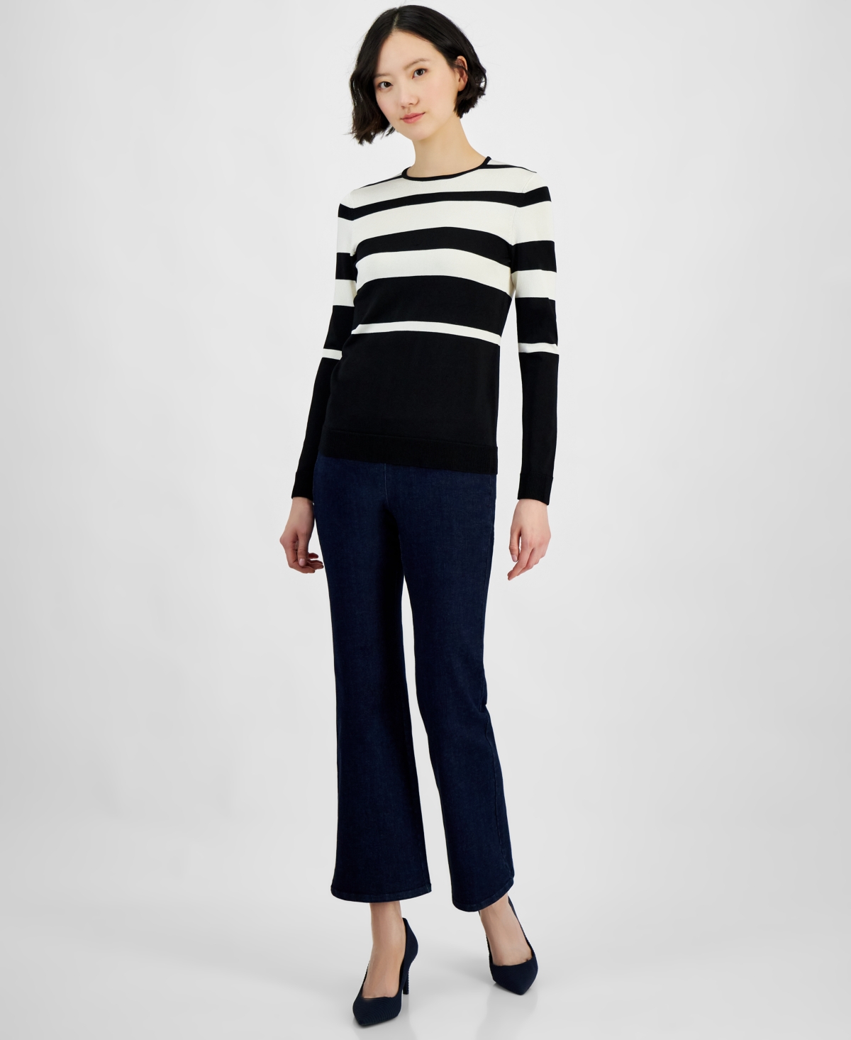 Anne Klein Women's Striped Crewneck Long-Sleeve Sweater -anne White