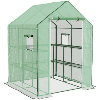 4.6' x 4.7' Portable Greenhouse, Water/UV Resistant Walk-In Small Outdoor Greenhouse with 2 Tier U-Shaped Flower Rack Shelves, Roll Up Door & Windows, Green