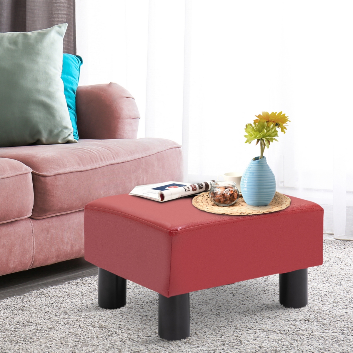Ottoman Foot Rest, Small Foot Stool with Faux Leather Upholstery, Rectangular Ottoman Footrest with Padded Foam Seat and Plastic Legs, Red