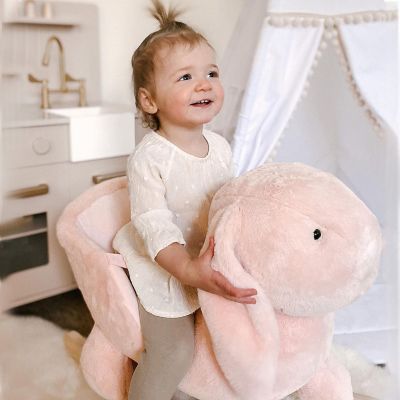 Rabbit Wooden Rocking Horse with Simulated Sound, Wooden Base, Seat Belt, Plush Stuffed Rocking Chair for Baby, Toddler, 18-36 Months, Pink
