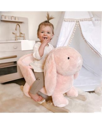 Rabbit Wooden Rocking Horse with Simulated Sound, Wooden Base, Seat Belt, Plush Stuffed Rocking Chair for Baby, Toddler, 18-36 Months, Pink