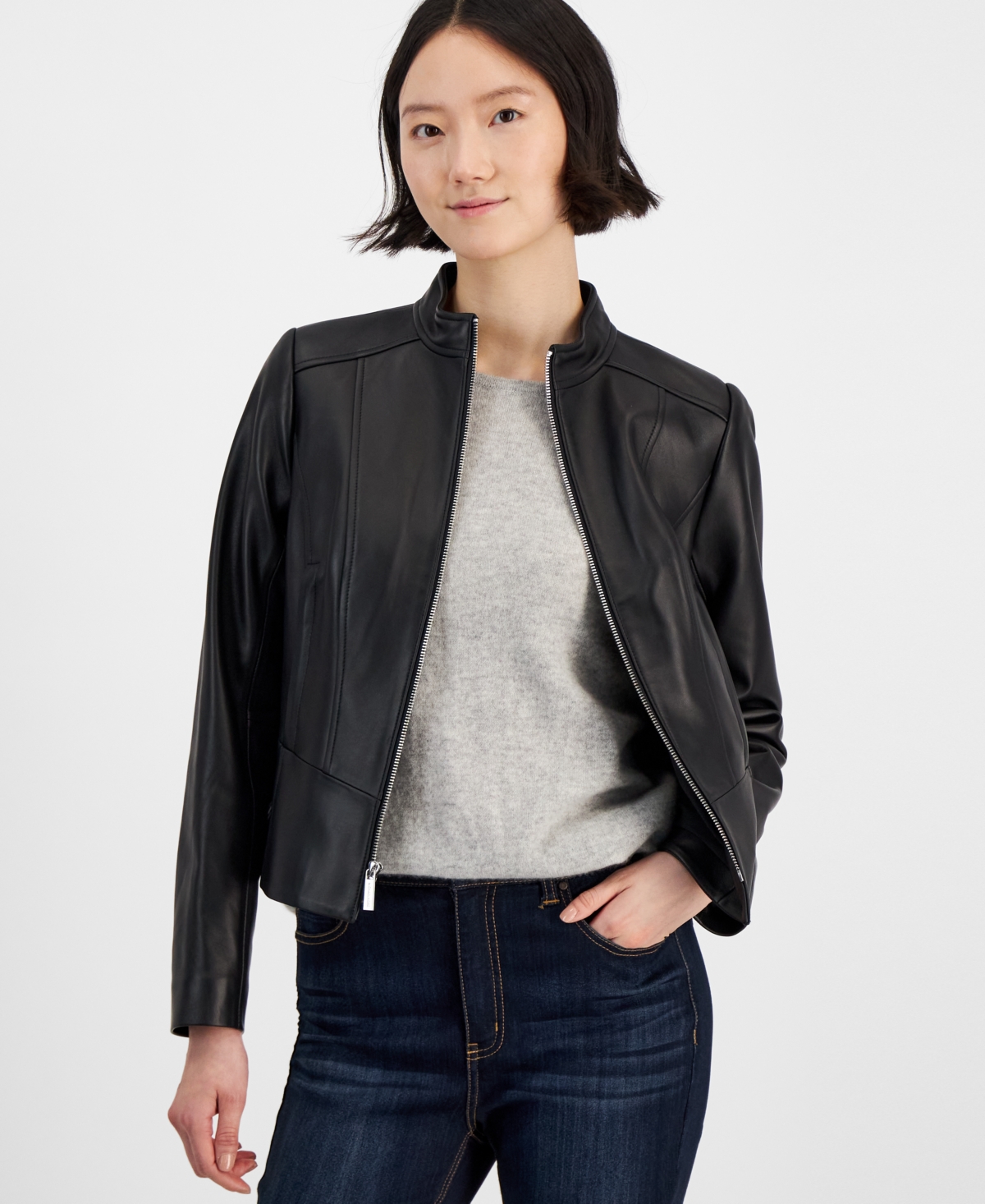 Michael Michael Kors Women's Zip-Front Leather Jacket - Taupe