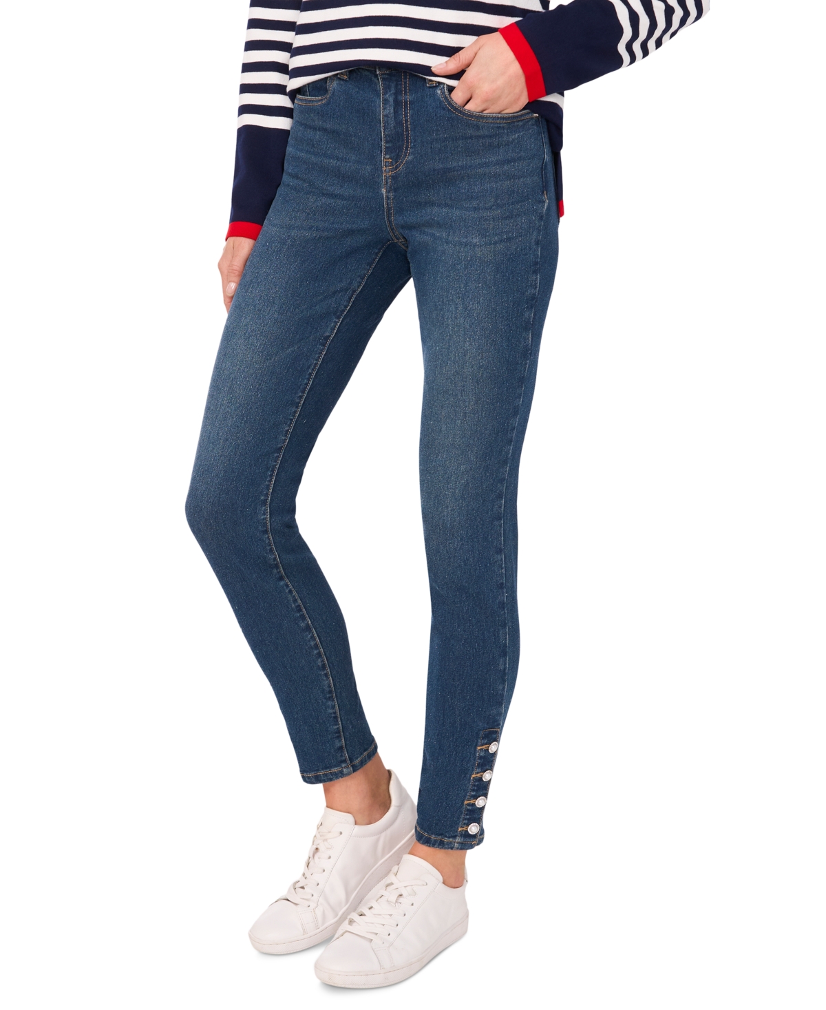 Women's Imitation-Pearl-Trim High-Rise Skinny Jeans - Mid Indigo