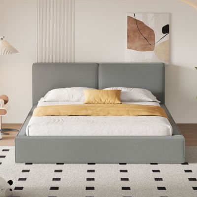 Beige Velvet Queen Upholstered Platform Bed