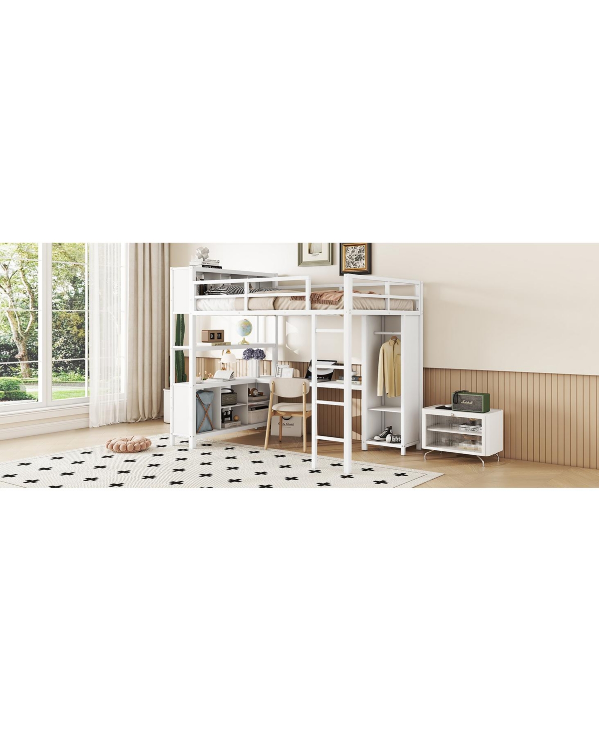 Streamdale Furniture Metal Loft Bed with Wardrobe And L-shaped Desk, Full Size Loft Bed with Storage Cubes and Shelves, Heavy Duty Loft Bed for Kids T